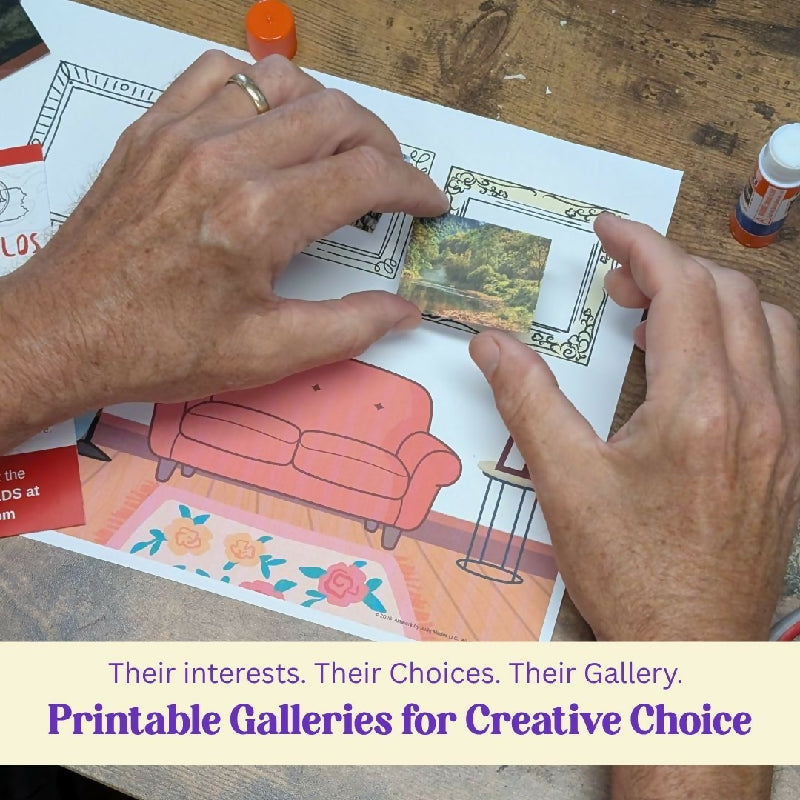 Older adult hands position a landscape image inside a picture frame on a printable living room Gallery View.