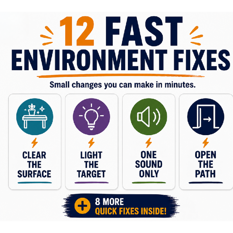 12 fast environment fixes for dementia care — small changes you can make in minutes — clear the surface light the target one sound only open the path — 8 more quick fixes inside — Fix the Room Not the Behavior