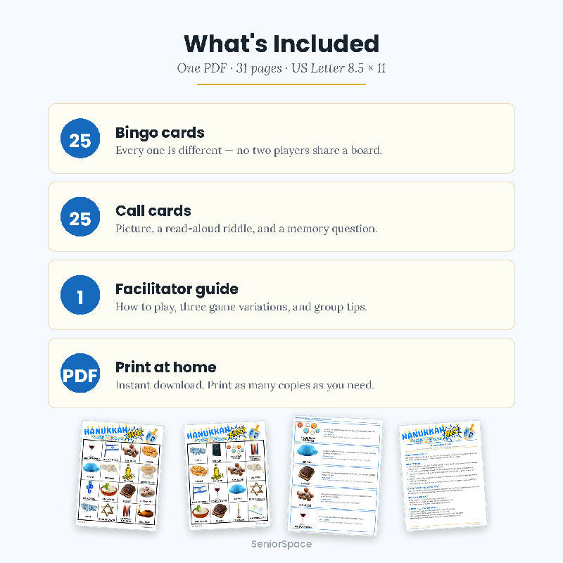 Hanukkah Bingo, 25 Printable Cards, Chanukah Call Cards with Clues, Discussion Cards, Instant Download