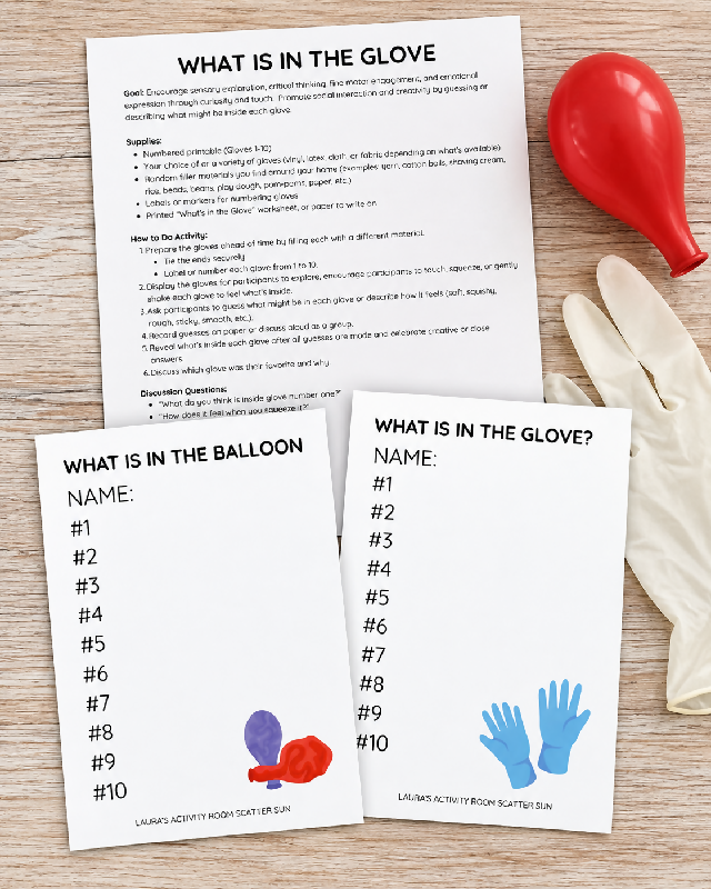 FREE RESOURCE - DIY Sensory Guessing Game Printable: What Is in the Glove and Balloon Protocol and Worksheets
