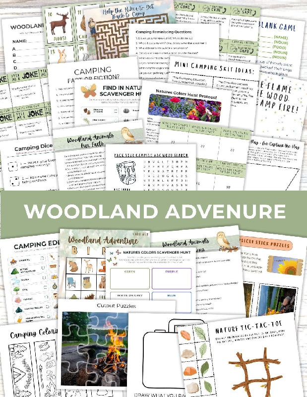 Woodland Adventure Activity Bundle: Printable No Prep Activities, Bingo Boards & Playing Cards , Multiple Campfire Games, Additional Activity Ideas, Bring the Campsite to Senior Living Themed Activities