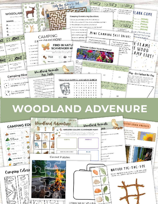 Woodland Adventure Activity Bundle: Printable No Prep Activities, Bingo Boards & Playing Cards , Multiple Campfire Games, Additional Activity Ideas, Bring the Campsite to Senior Living Themed Activities