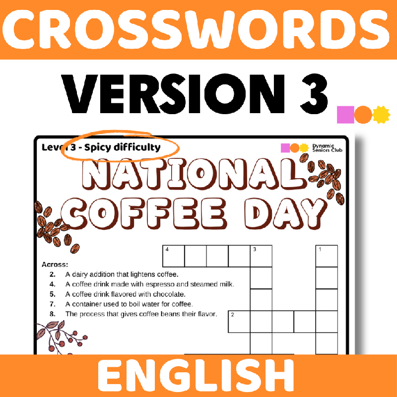 International Coffee Day Crossword Puzzle for Seniors | 3 Difficulty Levels, Cognitive Stimulation & Brain Fitness Activity | Memory Care & Cognitive Engagement