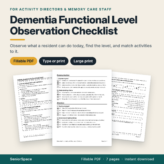 Dementia Functional Level Checklist, Dementia Staging, Fillable PDF for Activity Directors, Memory Care Assessment and Observation Form
