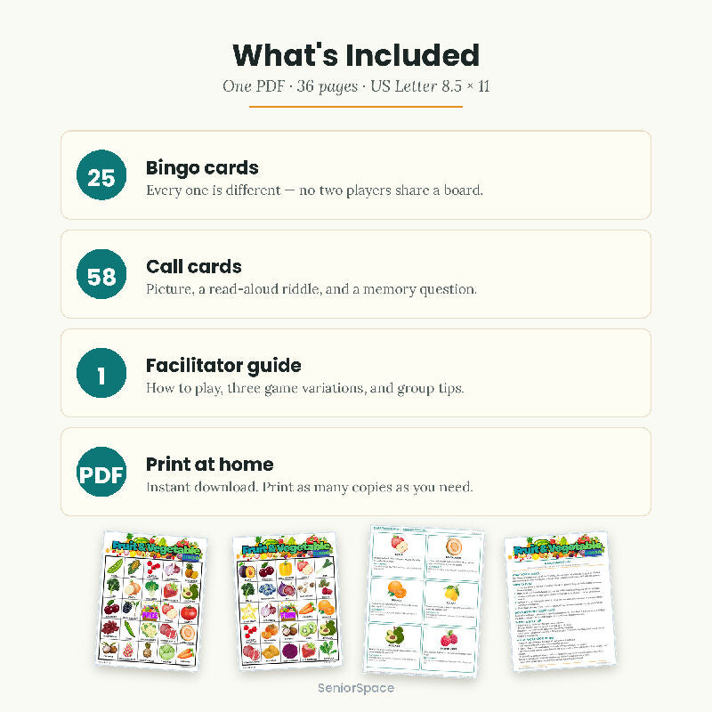 Fruit and Vegetable Bingo for Seniors, 25 Printable Cards, 58 Call Cards with Clues, Memory Care Activity, Instant Download