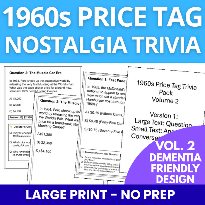 1960s Price Tag Nostalgia Trivia Game for Seniors and Memory Care Large Print Low Ink No Prep Reminiscence Activity Volume 2