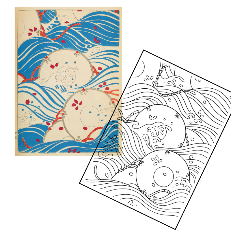 Shin-Bijutsukai Japanese Adult Coloring Book | Meiji Era Woodblock Prints & Floral Patterns | Dementia Activity | Art Therapy