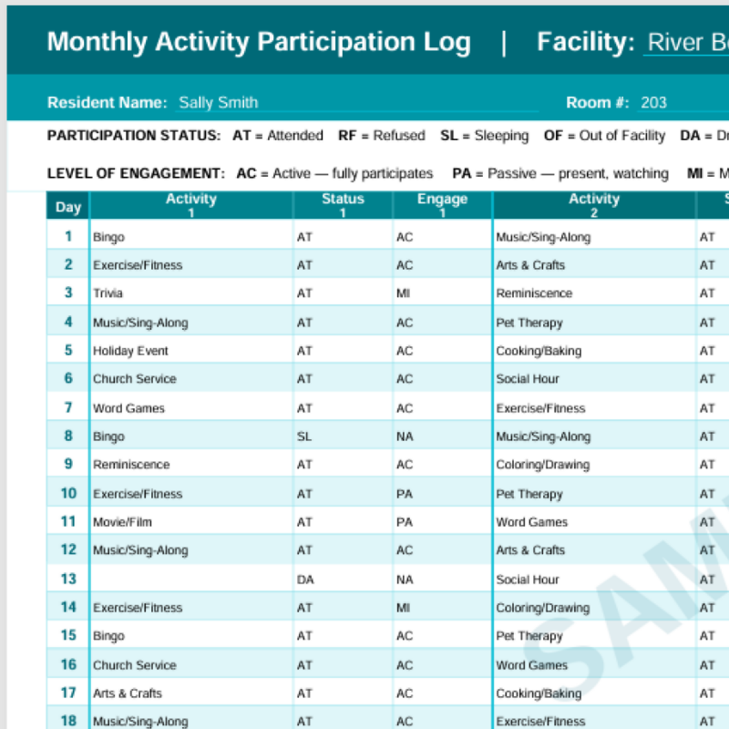 Simple Monthly Activity Participation Log — Fillable PDF | One Sheet Per Resident | Activity Director Documentation Tool