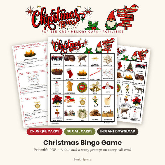 Christmas Picture Bingo, 25 Printable Cards, Call Cards with Clues, Discussion Questions