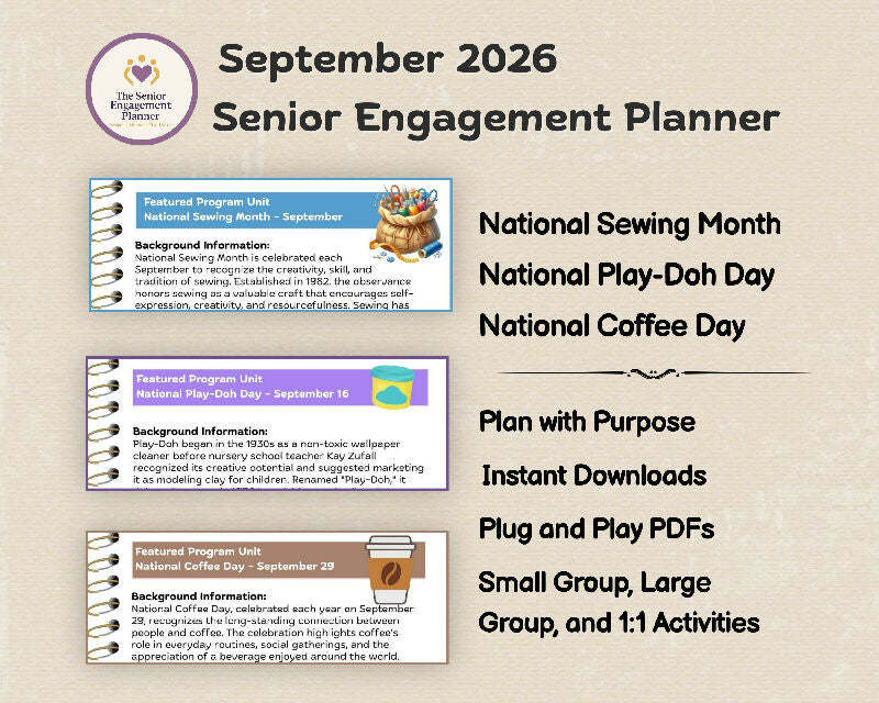 September September Activity Plans for Seniors | Done-for-You National Sewing Month, Play-Doh Day & Coffee Day Engagement Activities for Senior Living