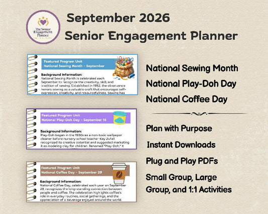 September September Activity Plans for Seniors | Done-for-You National Sewing Month, Play-Doh Day & Coffee Day Engagement Activities for Senior Living