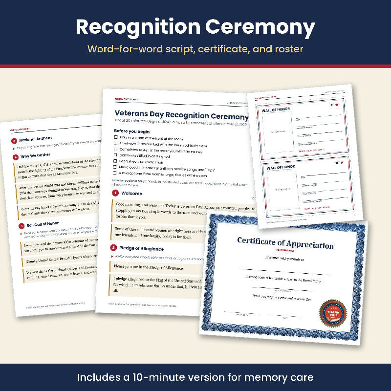 Veterans Day Activities for Seniors, Printable Program Pack, Picture Bingo, Trivia, Ceremony Script, Memory Care, Activity Director PDF