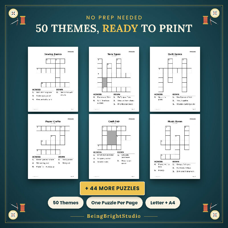 Sewing, Crafts and Hobbies Crossword Puzzles for Activity Directors, Extra Large Print, 50 Printable PDF Puzzles, Answer Keys