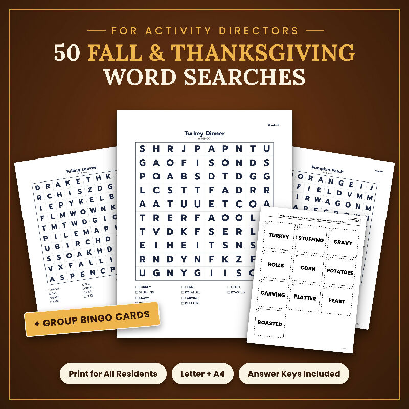 Fall Thanksgiving Word Search for Seniors, 50 Extra Large Print Puzzles, Bingo Bonus, US Letter and A4