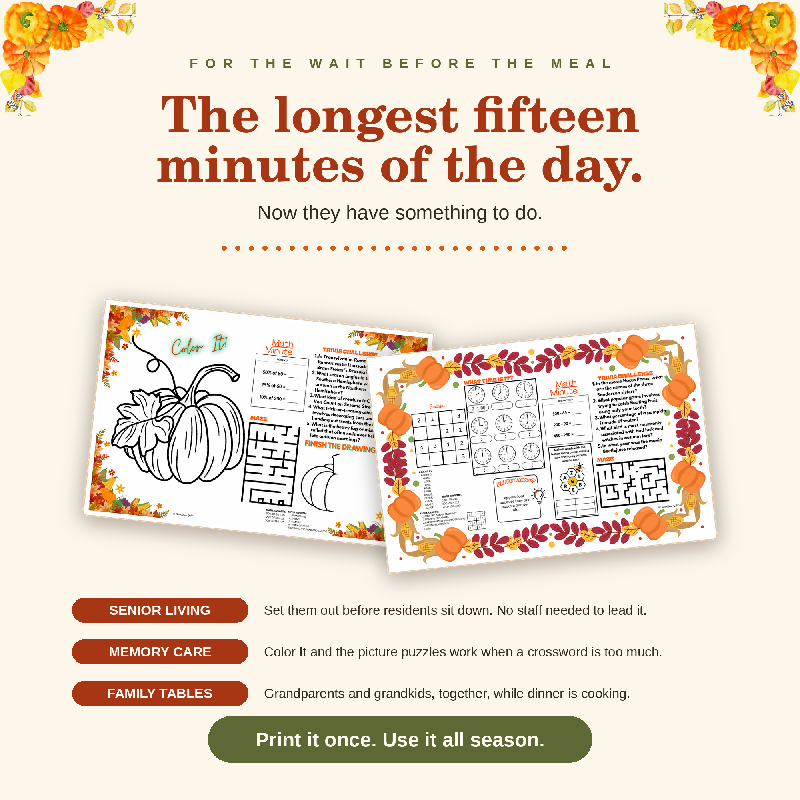 Fall Activity Placemats for Seniors, 10 Large Print Autumn Puzzles and Halloween Trivia, Nursing Home Activity Director Printable PDF