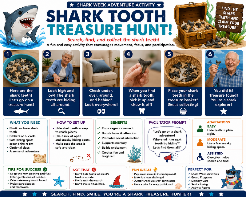 🦈 READY, SET, SHARK WEEK! The Ultimate Shark Week Experience for Life Skills and Memory Care Engagement. Part cookbook, culture club, games, exercise programs, social hour, and much more!