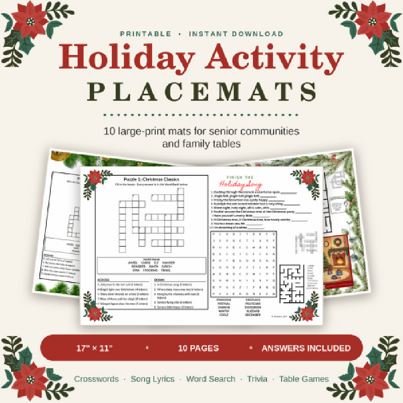 Holiday Activity Placemats for Seniors, 10 Large Print Christmas Puzzles, Hanukkah and Kwanzaa, Nursing Home Assisted Living Memory Care Activity Director PDF