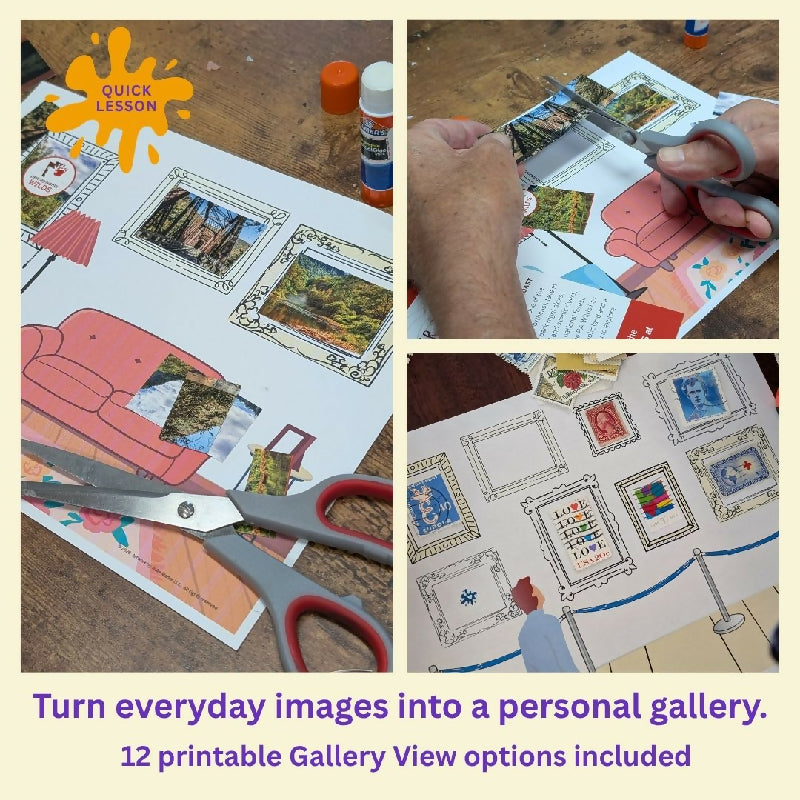 Collage of Gallery Views showing hands cutting scenic images from a brochure, a finished living room gallery, and a museum gallery filled with postage stamps.