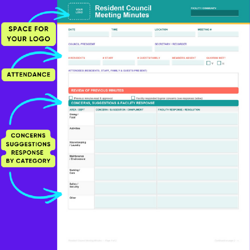 • Resident Council Meeting Template, Activity Director Printable, Life Enrichment Form, Long Term Care, Assisted Living, Editable PDF & Word