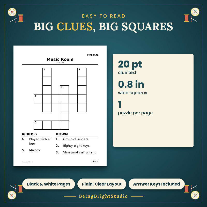 Sewing, Crafts and Hobbies Crossword Puzzles for Activity Directors, Extra Large Print, 50 Printable PDF Puzzles, Answer Keys