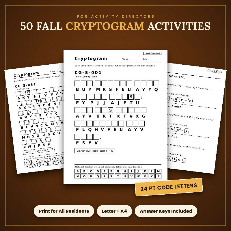 Fall Thanksgiving Cryptograms for Seniors, 50 Extra Large Print Puzzles, Answer Keys, US Letter and A4