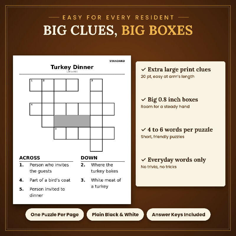 Fall Thanksgiving Crossword for Seniors, 50 Extra Large Print Puzzles, Answer Keys, US Letter and A4