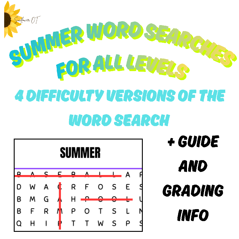 Summer word search promo picture - "Summer word searches for all levels, 4 difficulty versions of the word search + guide and grading info"