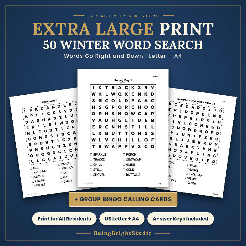 Extra Large Print Winter Word Search for Activity Directors, 50 Printable Puzzles, Bingo Calling Cards, Letter and A4