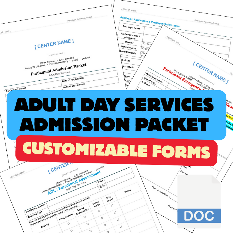 Adult Day Services Participant Admission Packet | Editable Word Intake Forms | Adult Day Care | Customizable Admission Forms
