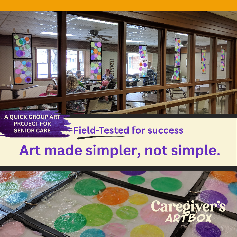 Completed Community ID panels displayed in a senior care hallway, creating a colorful collaborative art installation.