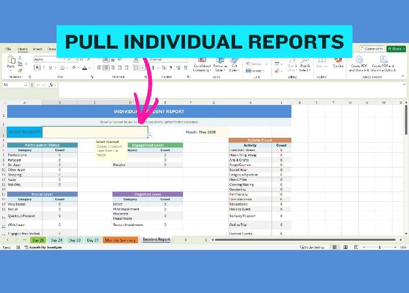 Activity Participation Tracker Excel, Activity Director Tool, Resident Engagement Spreadsheet