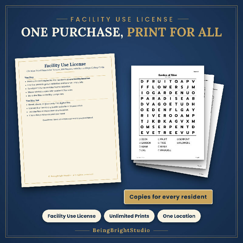 Extra Large Print Christian Word Search for Activity Directors, 100 Printable Puzzles, Bonus Bingo Cards