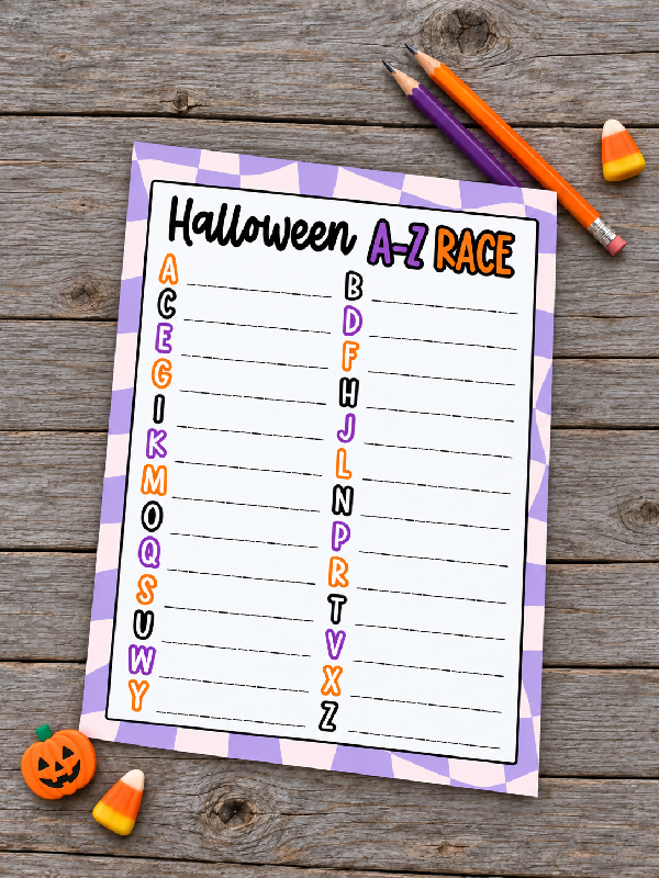 Halloween A-Z Race Game, Printable Activity, Cognitive Word Activity Worksheet, October Fall Party Game