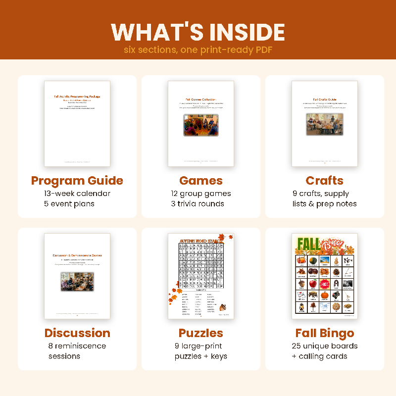 Fall Activity Programming Package for Senior Living, 13 Week Calendar, Memory Care Activities, Games Crafts Puzzles & Large Print Bingo