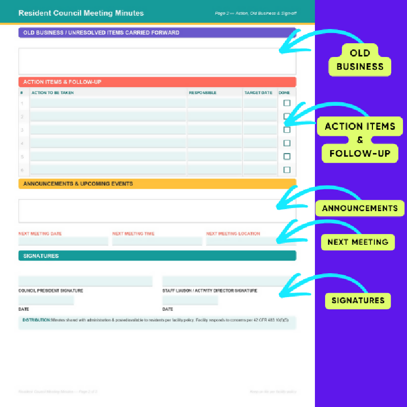 • Resident Council Meeting Template, Activity Director Printable, Life Enrichment Form, Long Term Care, Assisted Living, Editable PDF & Word