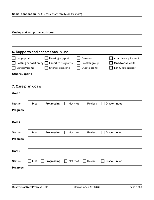Quarterly Activity Progress Note Template, Fillable PDF for Activity Directors, Nursing Home Activity Documentation Form