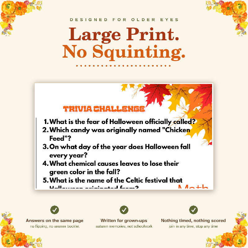 Fall Activity Placemats for Seniors, 10 Large Print Autumn Puzzles and Halloween Trivia, Nursing Home Activity Director Printable PDF