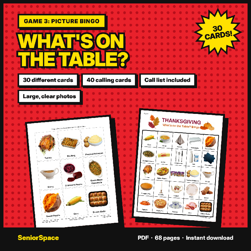 Thanksgiving Games for Seniors, 9 Printable Activities, Picture Bingo, Trivia, Memory Care and Nursing Home Activity Pack PDF