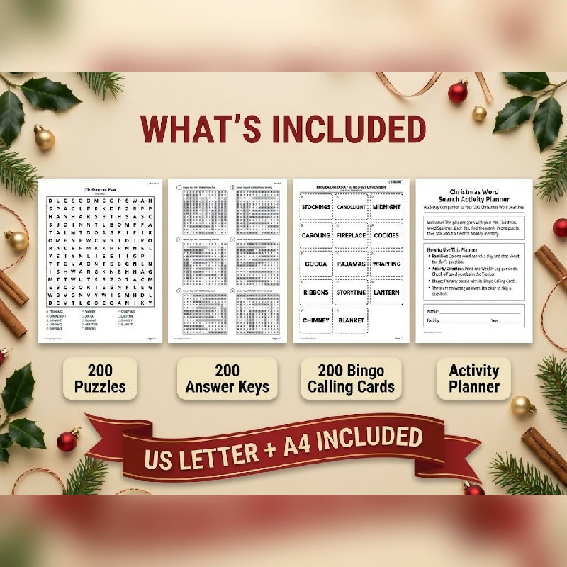 200 Large Print Christmas Word Searches + Bingo Calling Cards – Group Activity Set