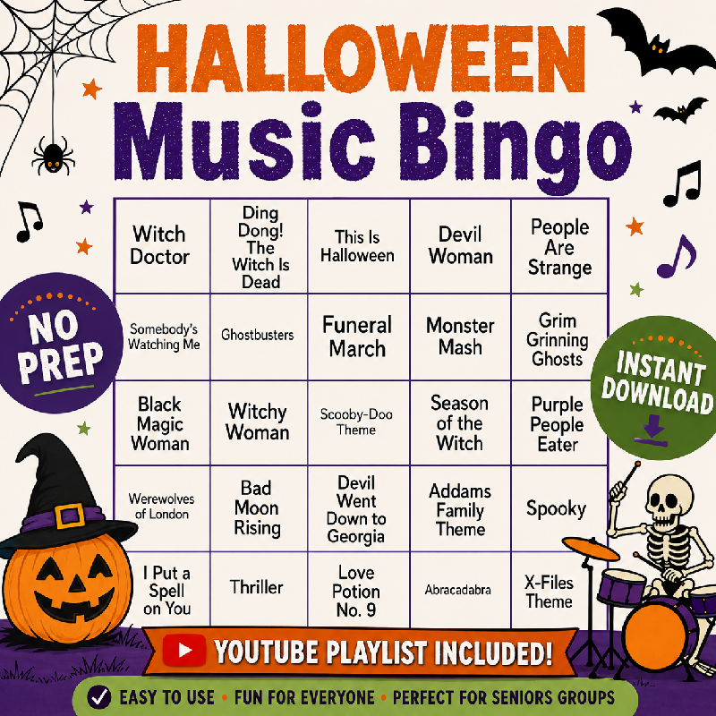 Halloween Music Bingo for Seniors | Printable Halloween Party Game | YouTube and Spotify Playlist included