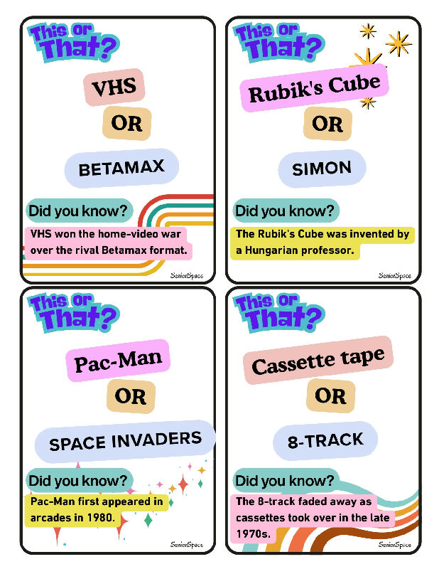 This or That? 200 Reminiscence Cards for Dementia & Seniors | 60s 70s 80s Conversation Starters | Activity Director Printable Memory Care Game