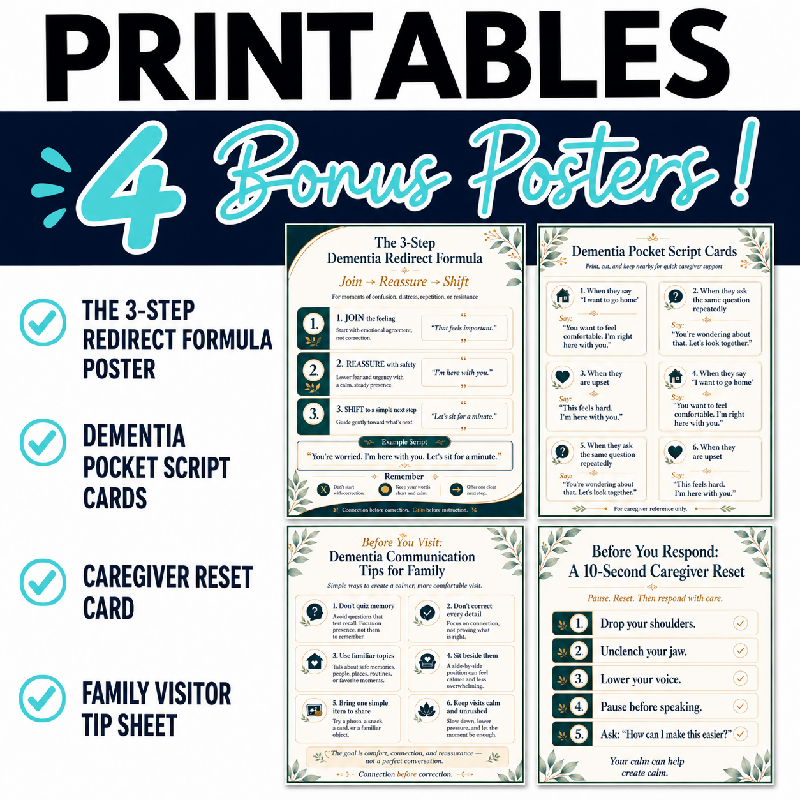 Say This Not That bonus printables — 4 bonus posters: 3-step dementia redirect formula poster dementia pocket script cards caregiver reset card family visitor tip sheet
