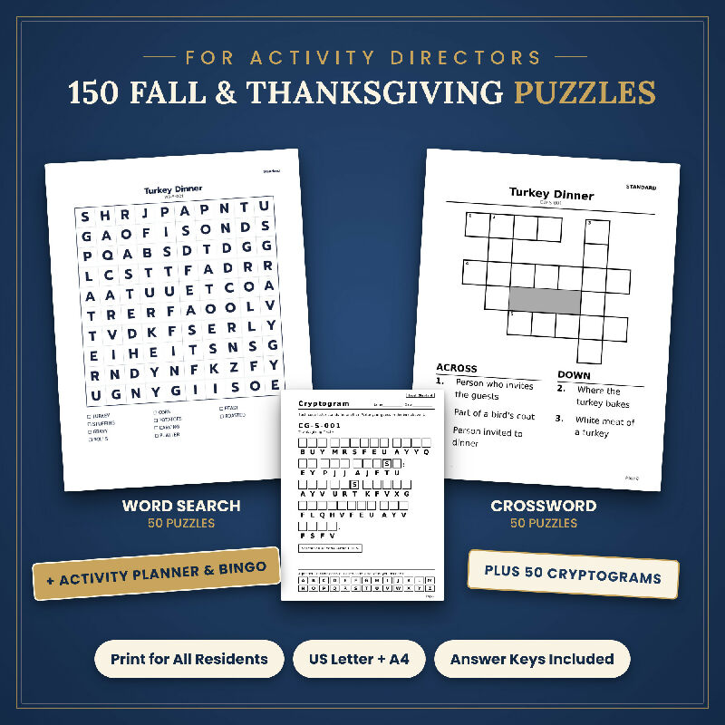 Fall Thanksgiving Puzzle Bundle for Seniors, 150 Large Print Puzzles, Word Search Crossword Cryptogram, Activity Planner