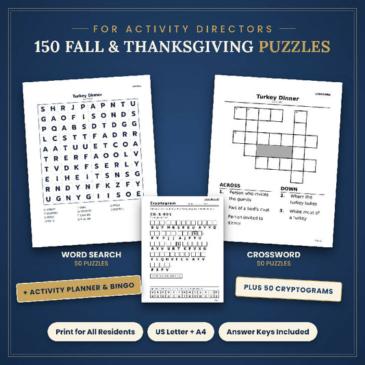 Fall Thanksgiving Puzzle Bundle for Seniors, 150 Large Print Puzzles, Word Search Crossword Cryptogram, Activity Planner