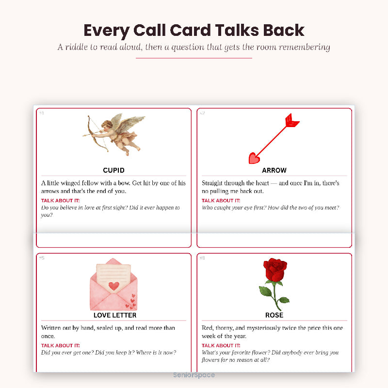 Valentine's Day Bingo, 25 Printable Cards, Call Cards with Clues, Senior Activity, Reminisce Cues, Instant Download