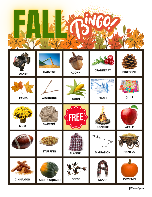 Fall Bingo for Seniors, Large Print Autumn Bingo Printable, Memory Care & Dementia Activity, Thanksgiving Game, 25 Boards + 40 Call Cards