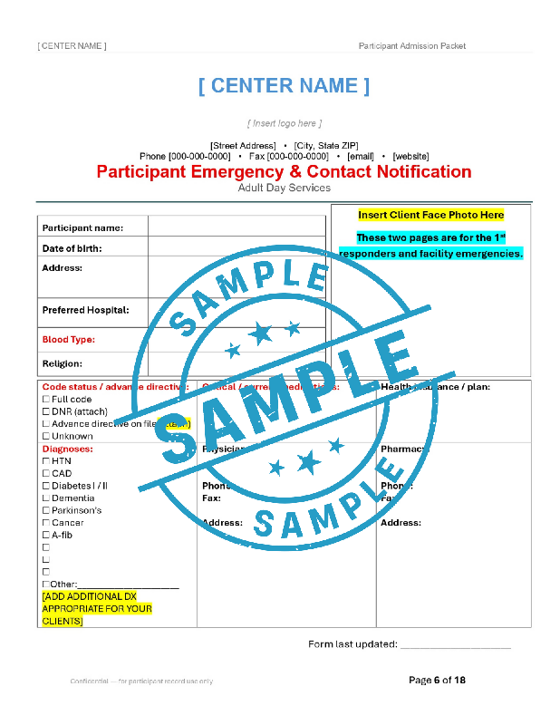 Adult Day Services Participant Admission Packet | Editable Word Intake Forms | Adult Day Care | Customizable Admission Forms