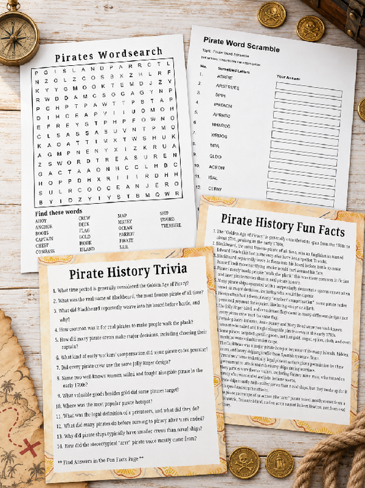 Pirate Fun Facts and Trivia, Fill in the Blank Game,  Word Scramble, Word Search, Printable Games