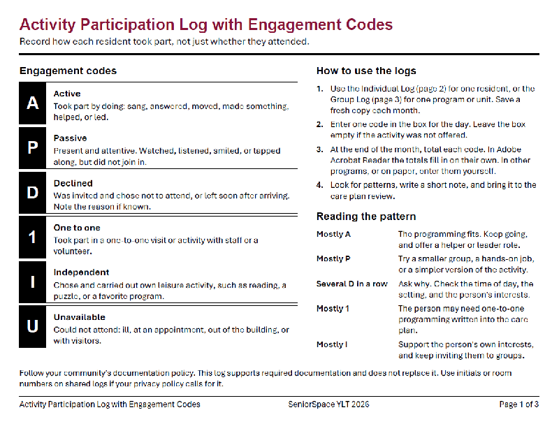 Activity Participation Log with Engagement Codes | Fillable Monthly PDF | Individual and Group Attendance Tracker for Activity Directors