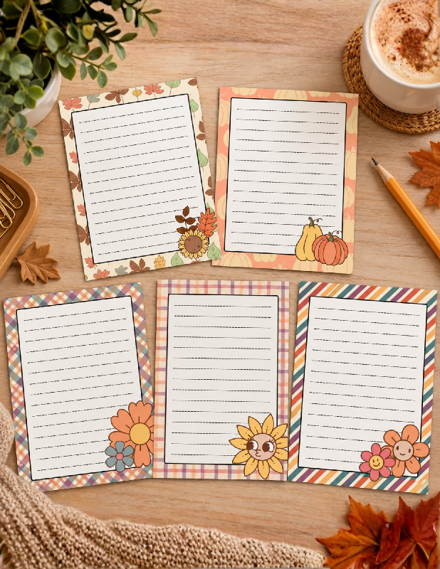 Autumn Stationary Set Printables, 5 Pages Fall Theme Lined Letter Writing, Gratitude Journal Activity, To-Do List or Notes